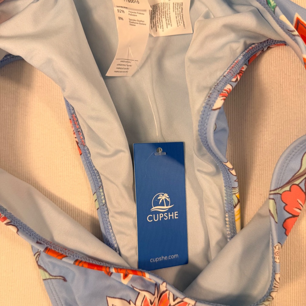 Cupshe Floral Bikini Set S Top M Bottom Blue Orange Ruffle Tie Front High Cut - Picture 14 of 16